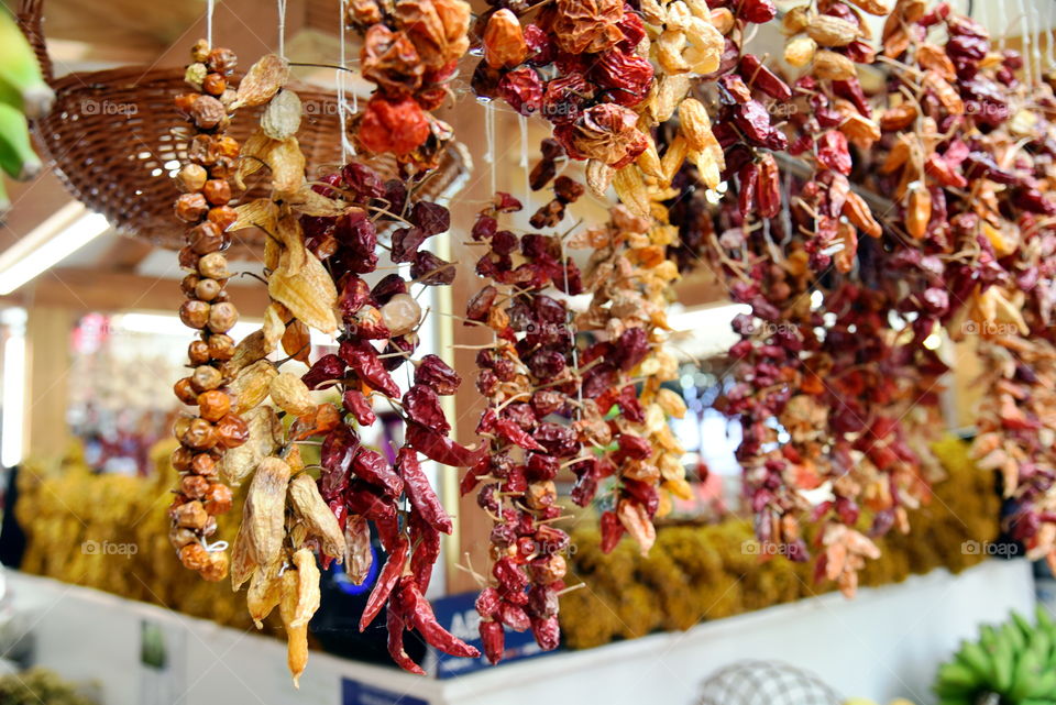 Dry chilli peppers on the farmers market.