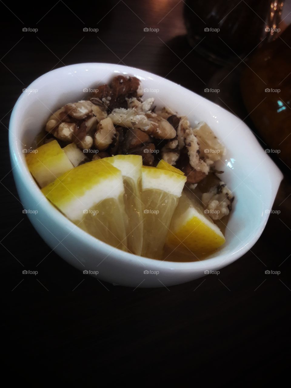 Food yummy served served lemon nut honey plate table day part