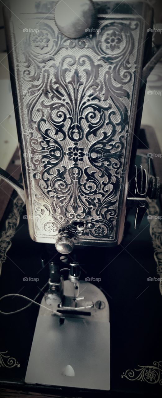 My antique sewing machine close up of the detail metal