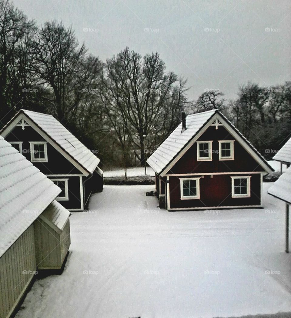 Beautiful snow-covered houses in Denmark