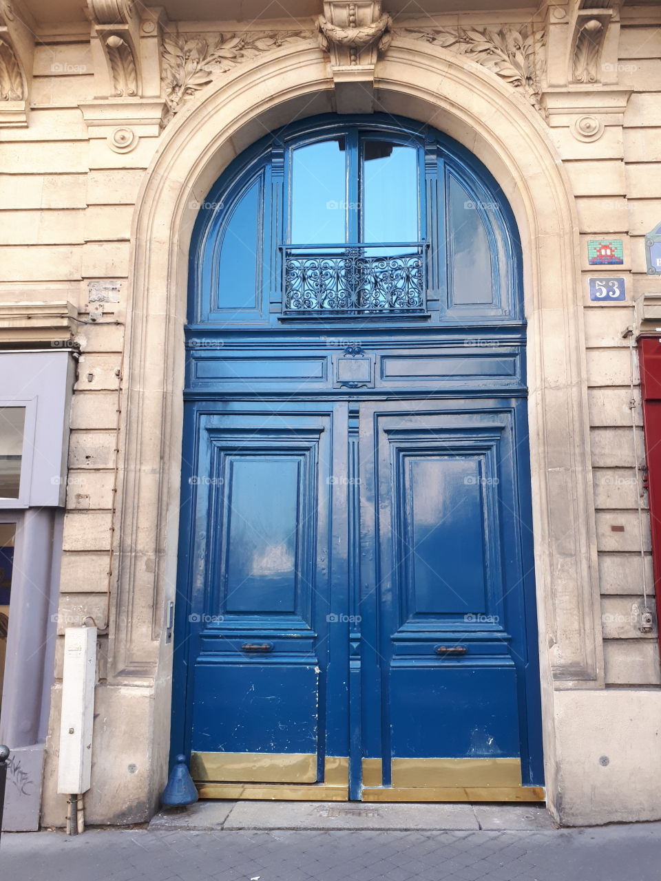 Wooden dark blue vintage entrance door