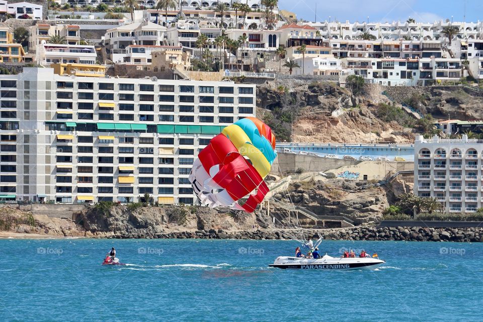 Parasailing in Canary Island resort Anfi Del Mar, Spain