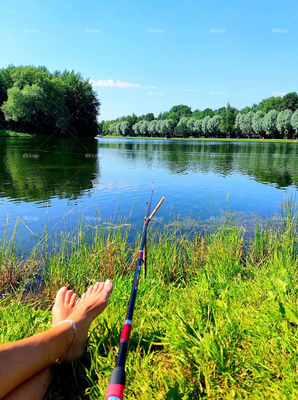 Summer in the city. Fishing. Pond in the park. Tanned legs are visible on the green grass of the shore of the pond. There is a fishing rod nearby. Green trees and blue sky reflected in the water