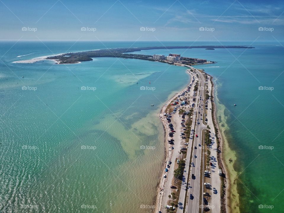 Aerial of the Causeway to Honeymoon Island in Dunedin Florida