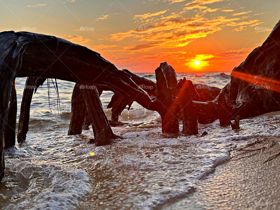 Sea foam at sunset - Sea foam on the waters breaking waves surface created by the agitation of seawater during a magnificent and descending sunset