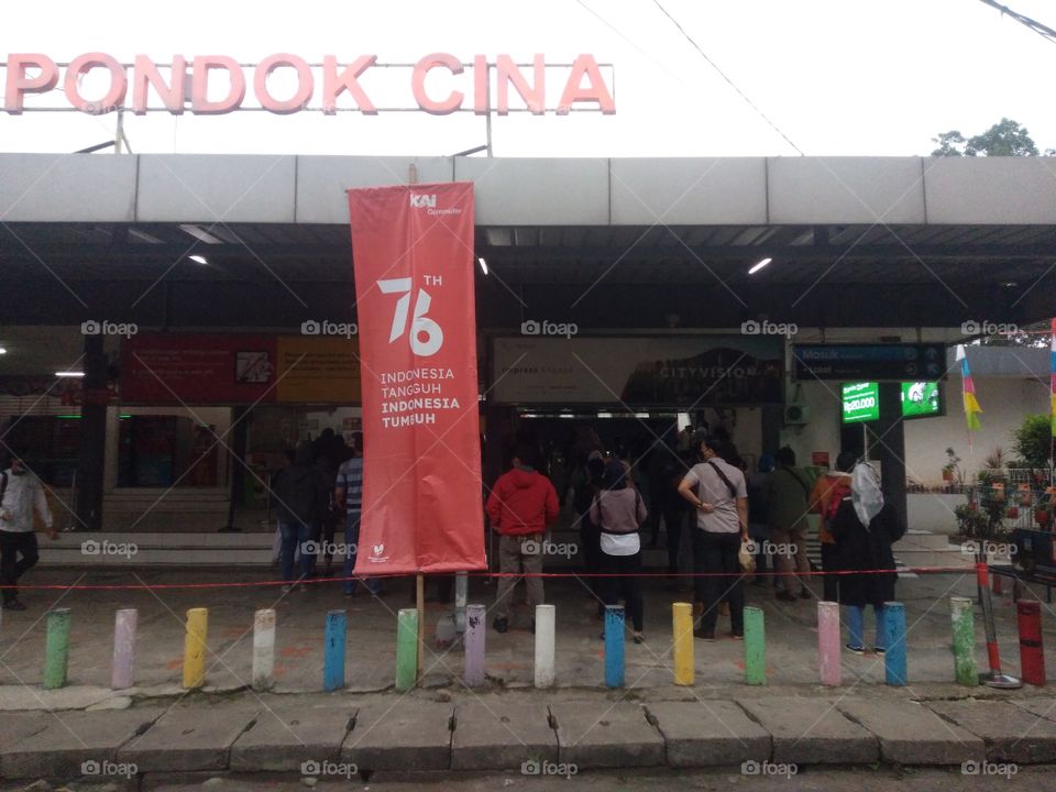 Pondok Cina Station, Depok Indonesia, August 13 at around 6.30am During this pandemic many people queued when entering the station