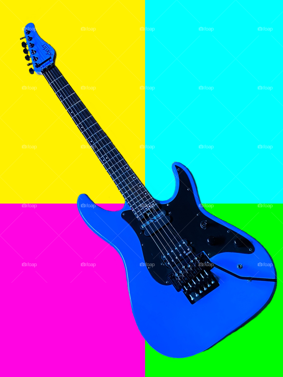 Blue guitar on four colorful squares. The squares are yellow,  aquamarine, pink and green color 