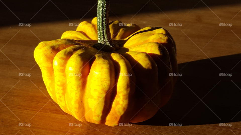 A yellow pumpkin in sunlight