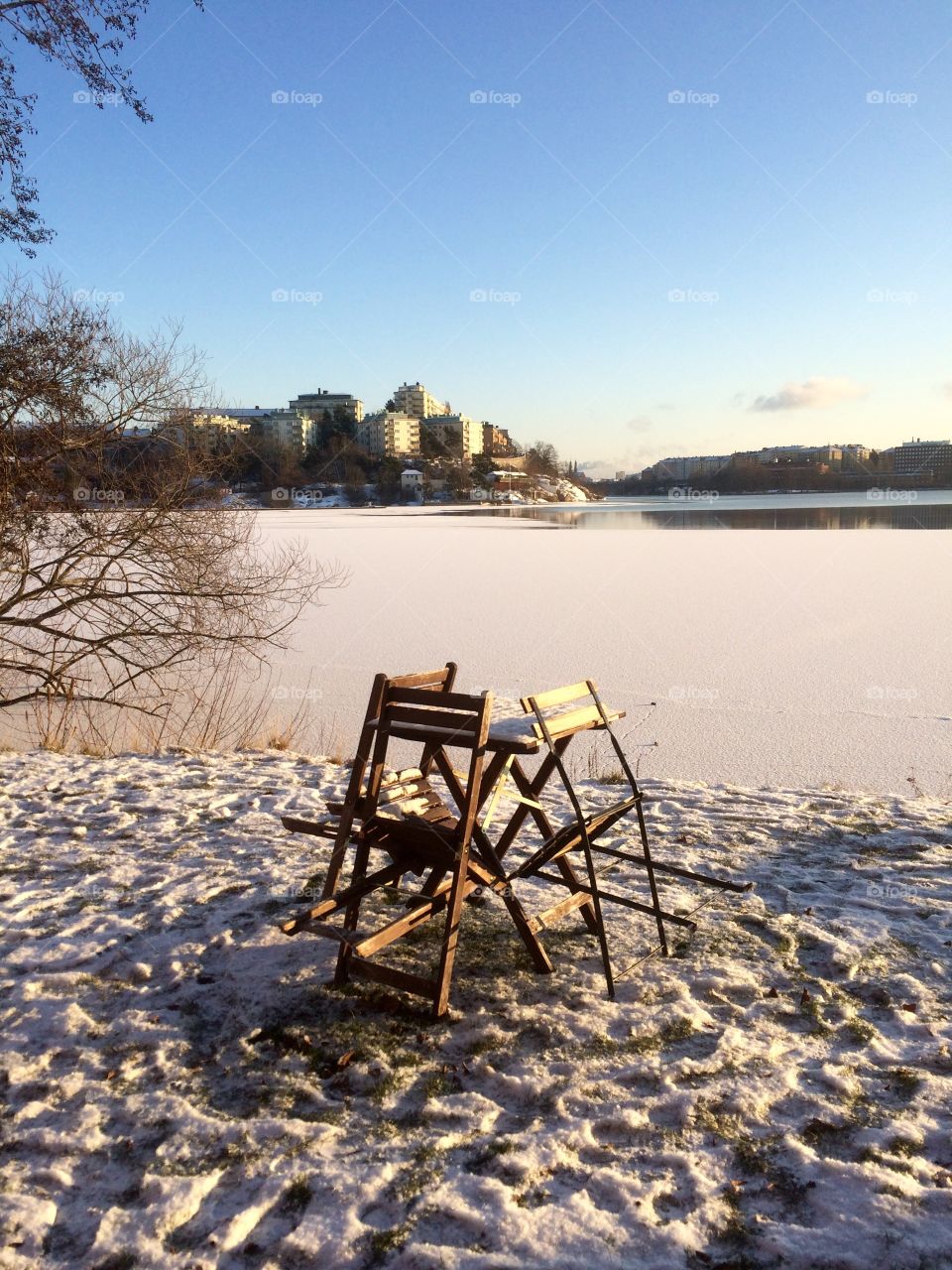 Winter, snow, Stockholm, table, chair in the snow, Sweden