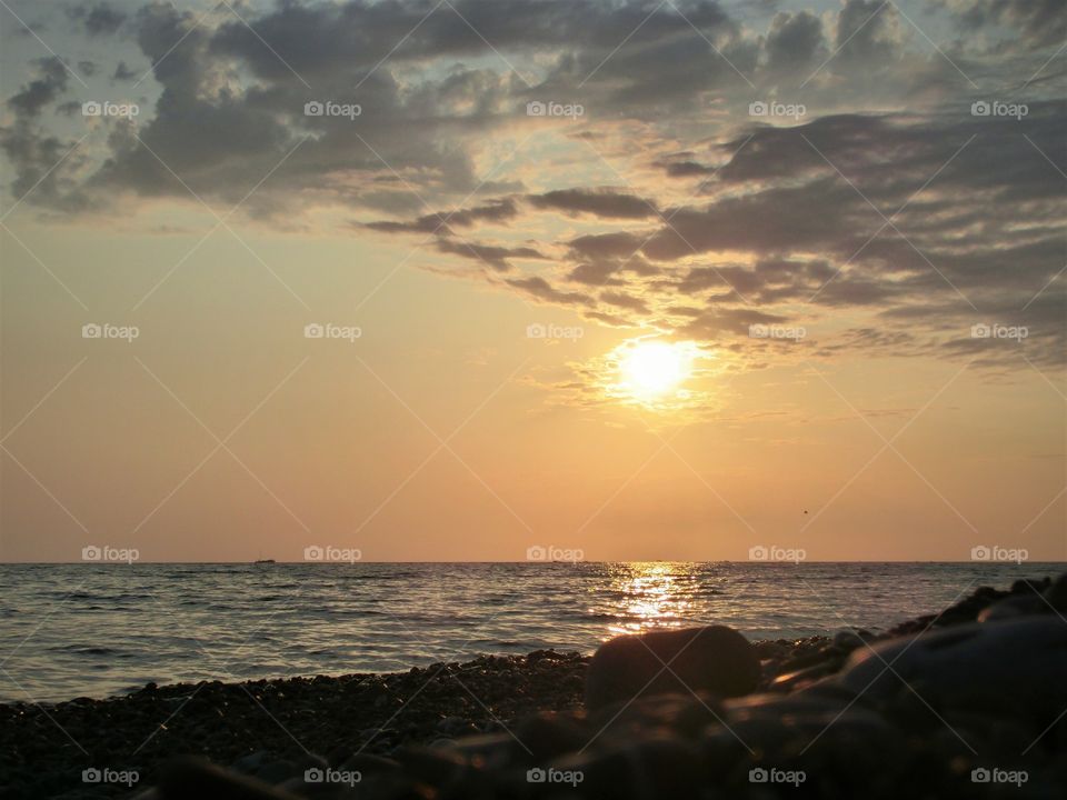Pebble beach and sunset
