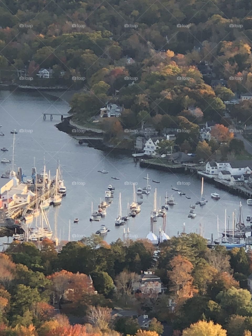 Scenic aerial view of Camden Harbor and Maine coastline  from atop Mount Battie during Autumn season, features water, boats. forest, trees, foliage, buildings