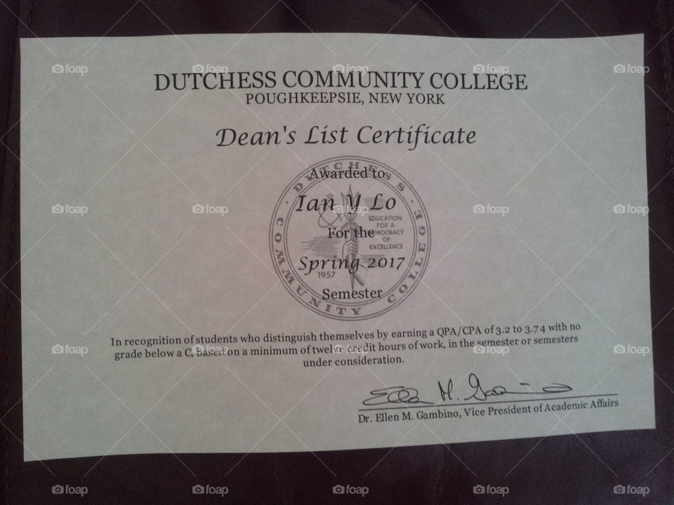 Dean’s List Certificate 