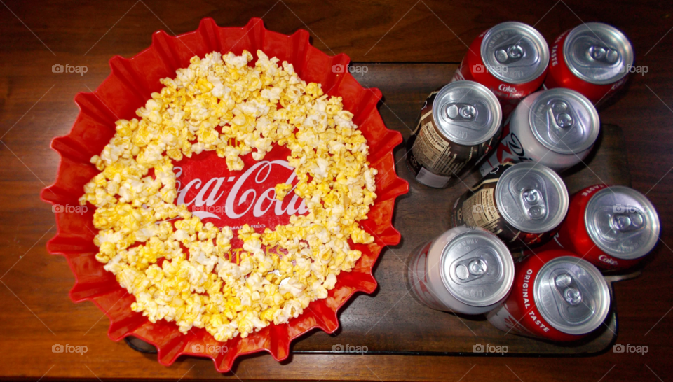 Movie night tray with popcorn and Coke-Cola