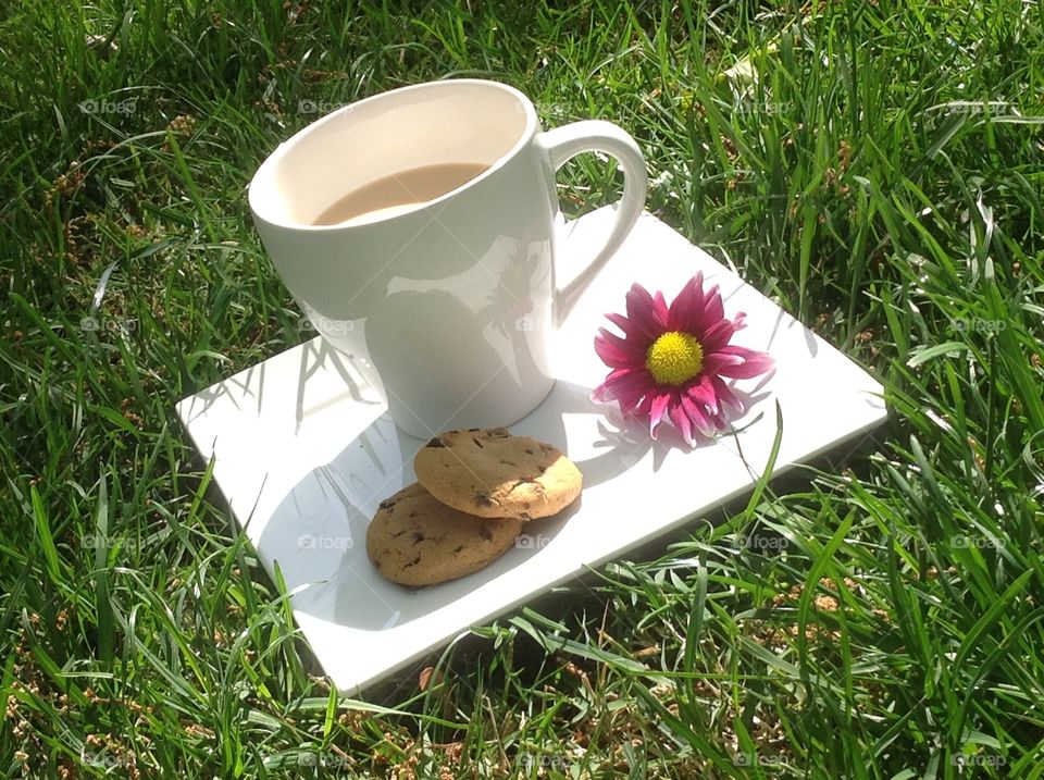 Enjoying a cup of coffee outdoors on a beautiful spring day.