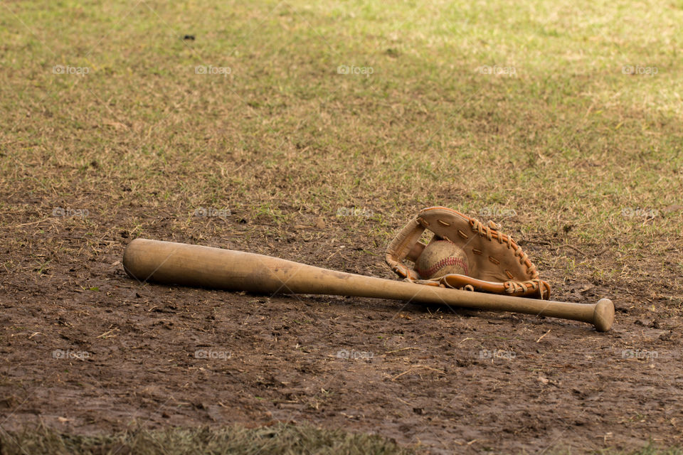 baseball bat, ball and glove