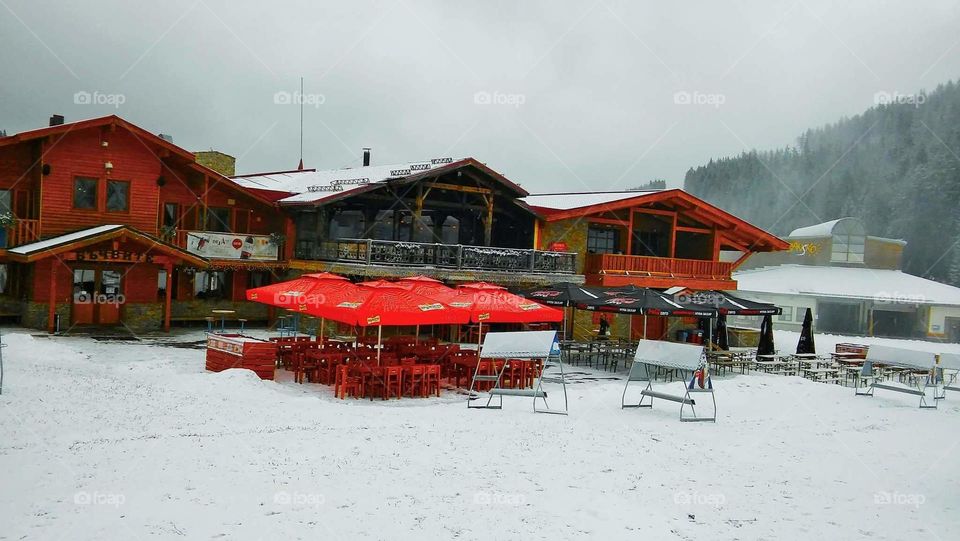 Buildings in snow, Bansko, Bulgaria