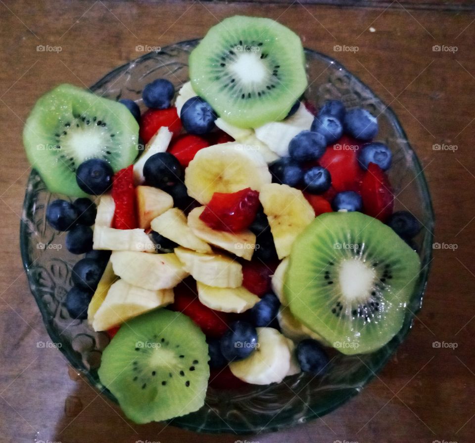 Fruit salad in a glass bowl