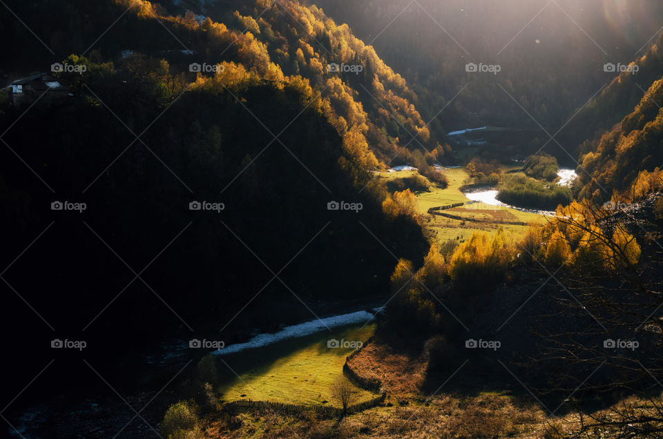 Mountain valley at sunset