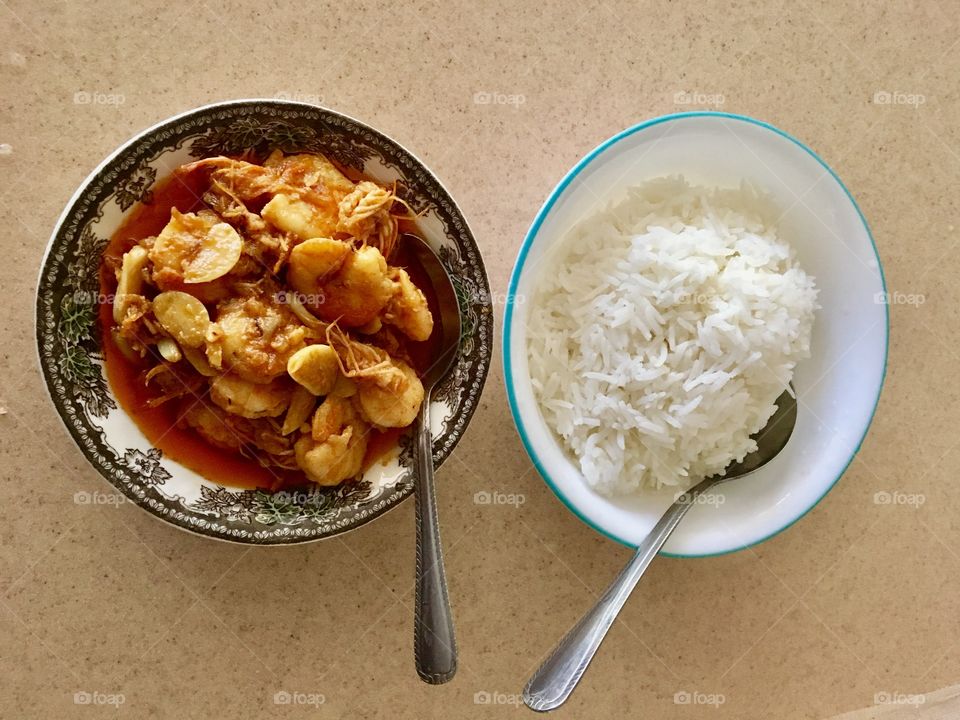 Traditional  cooking, curry shrimp and rice