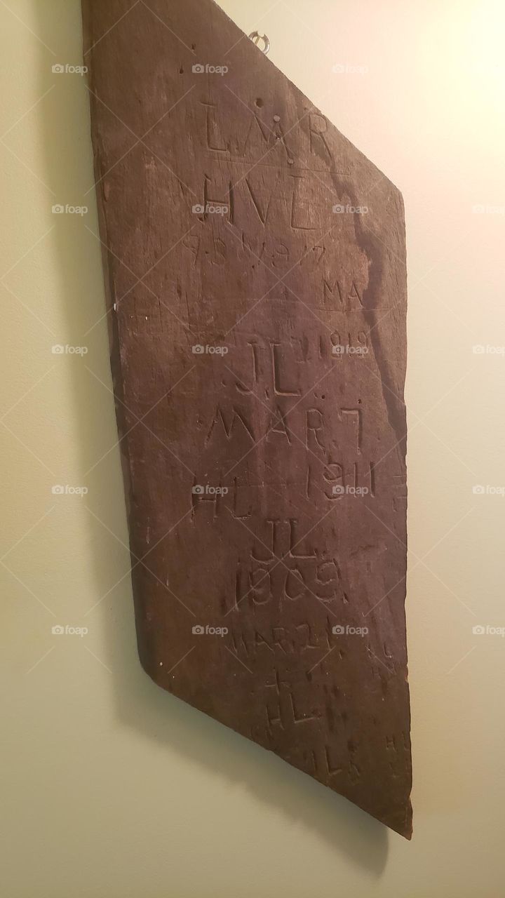 1909 Saved barn wood depicting history of family. Hand carved birth dates.  Names of family members.