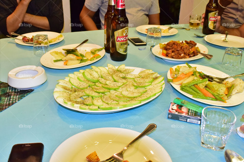 Fruits,Meat and drinks at night