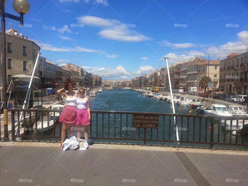 With my best friend in Sete, in the South of France. We are wearing identical skirts that I made for us