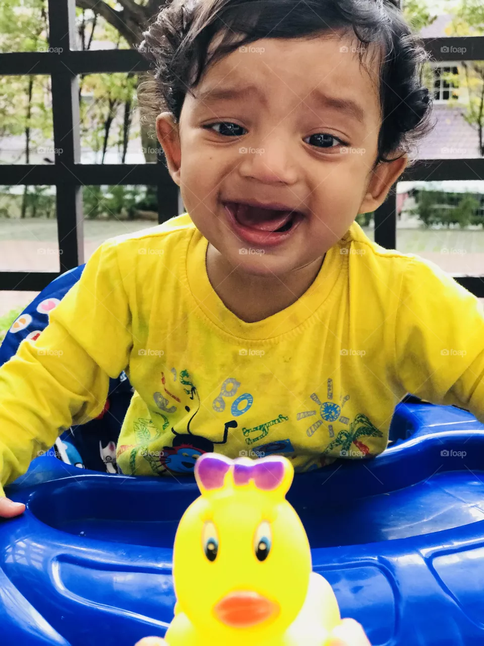 2 ducks, my baby is crying for duck, he wear yellow shirt like a duck, and he crying for get duck.