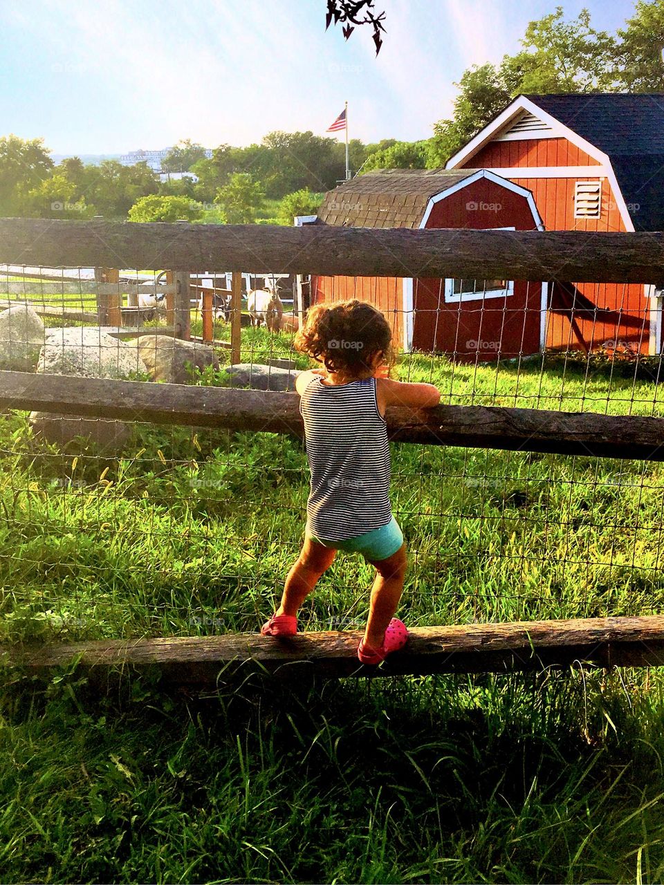 Little girl and a red barn