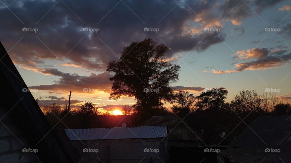 evening village, sunset