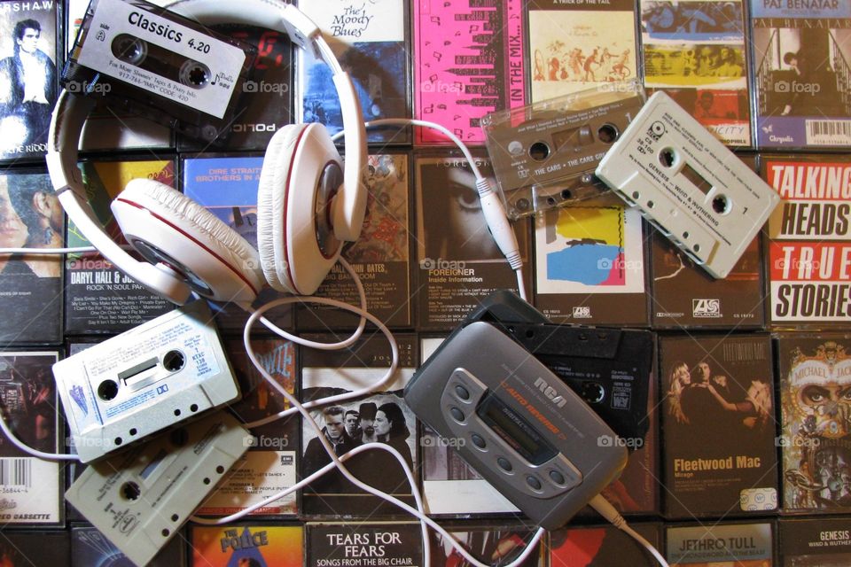 Cassettes, tapes and headphones. 