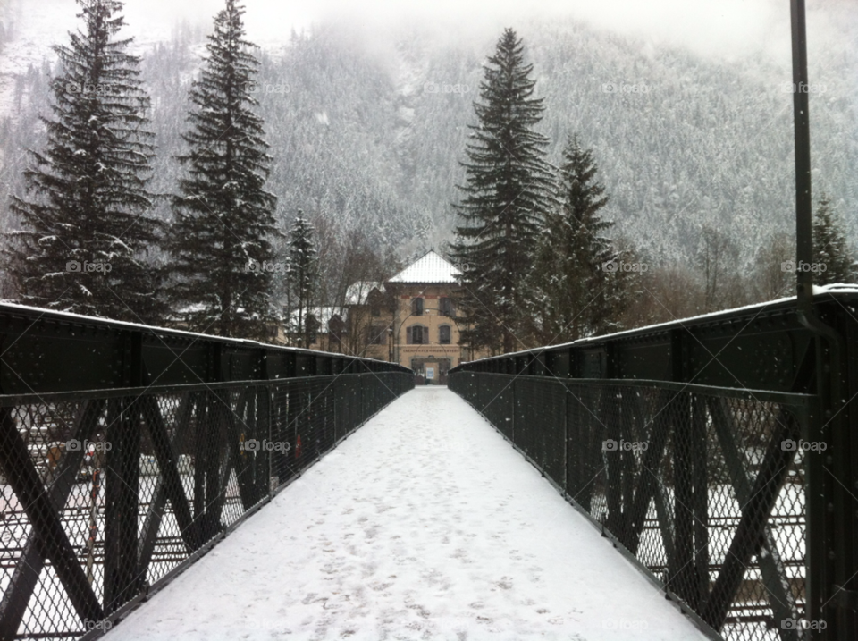 bridge to chamonix train station mont blanc france snow wood mountain by Leigh