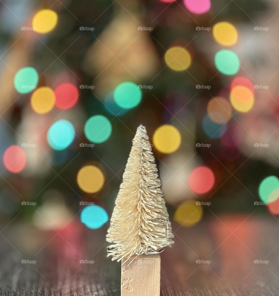 Miniature white Christmas tree decoration in the foreground of bokeh Christmas lights