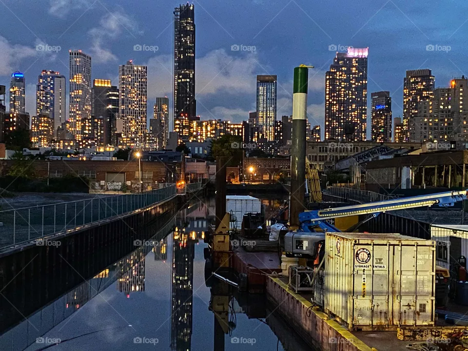 Skyscrapers in downtown Brooklyn, New York seen from the Gowanus Canal