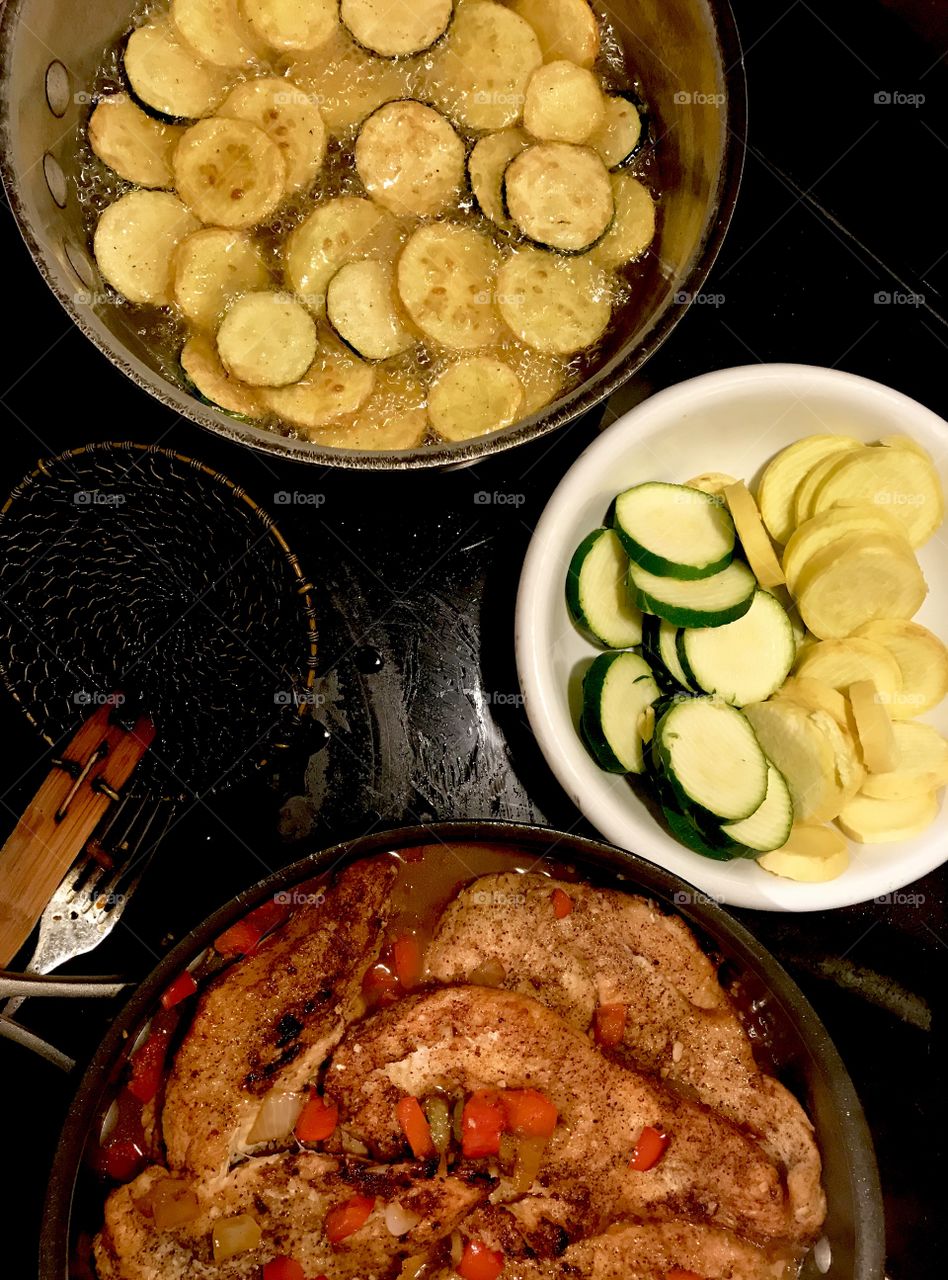 Courgette & Yellow Fried Squash With Tenderized Chicken Breast With Re and Green Bell Pepper From My Garden And Onion, garlic, and White Wine