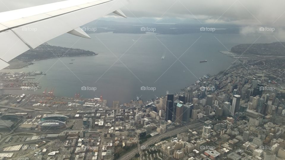 Flying over Seattle, Washington on a gloomy day