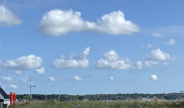 Interesting cloud formation in the blue June sky characterize this photo. Some grass area forms the lower edge of the picture