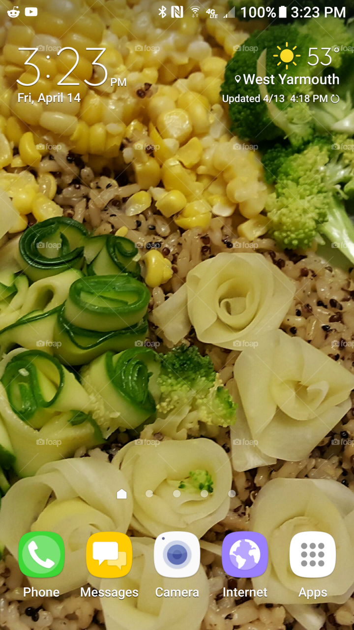 Veggies bursting with Summer flavors. Strips of zucchini and white carrots lightly steamed then hand rolled and twisted into flowers. They are then nestled into a bed of quinoa and corn, accented with broccoli. A drizzle of garlic butter, just before serving, takes these over the top.
