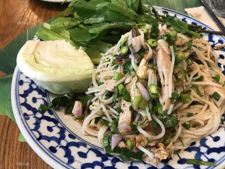 Sticky rice noodle salad in restaurant in Bangkok Thailand and it was super yummy
