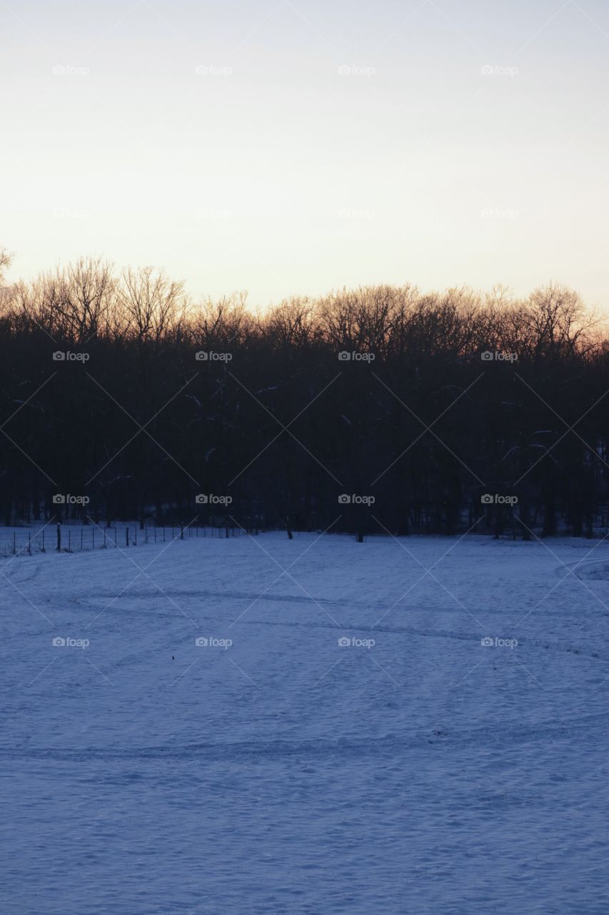 Snow covered fields at dusk. The light is fading fast.