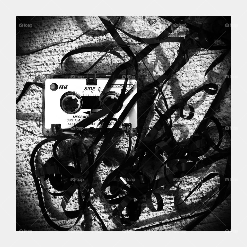 Answering Machine Tape Cassette Spool Pulled Out In Black And White