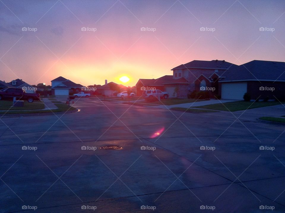 Sunset in a neighborhood in Sanger Texas. 