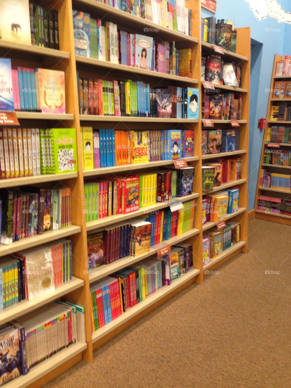 Bookstore shelves. The children's section of our local bookstore.