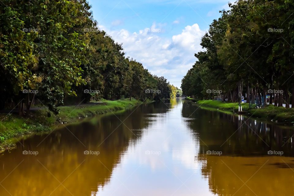 Waterways with reflection of the sky and trees along the river
