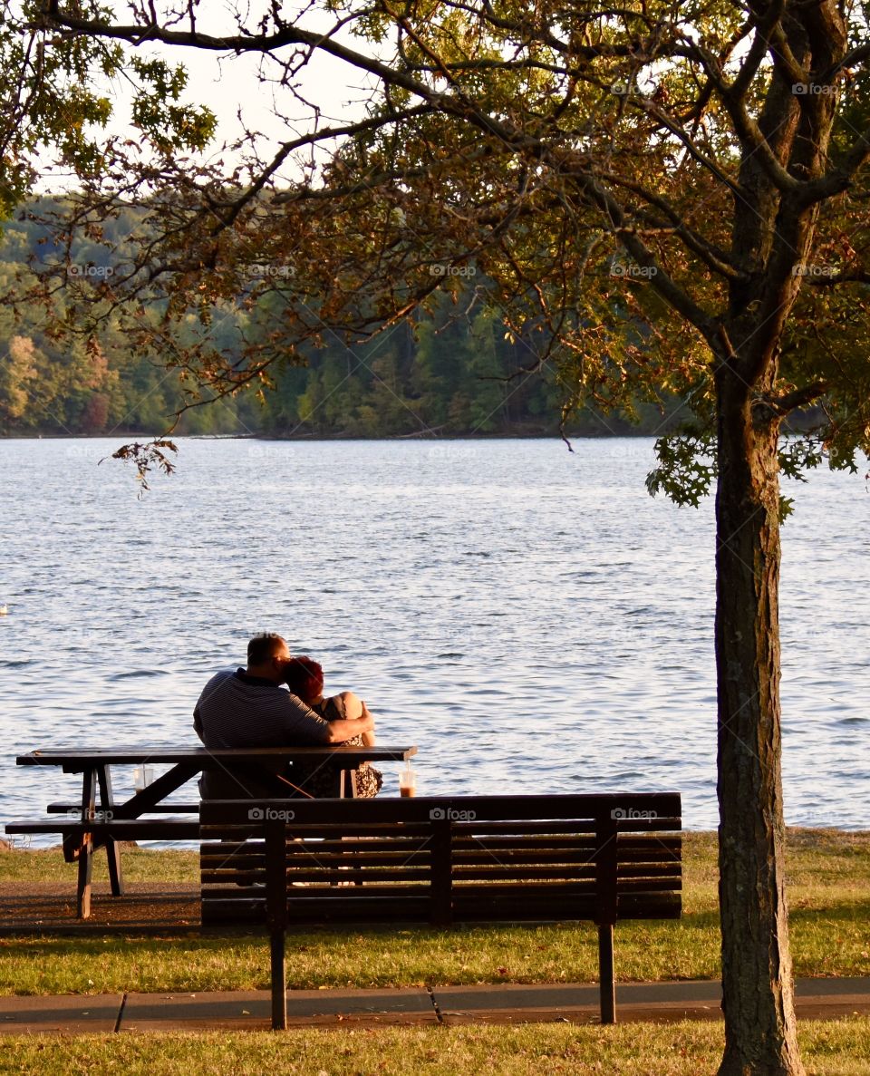 Romantic moment during sitting beside a lake as the sun casts a golden glow on the couple