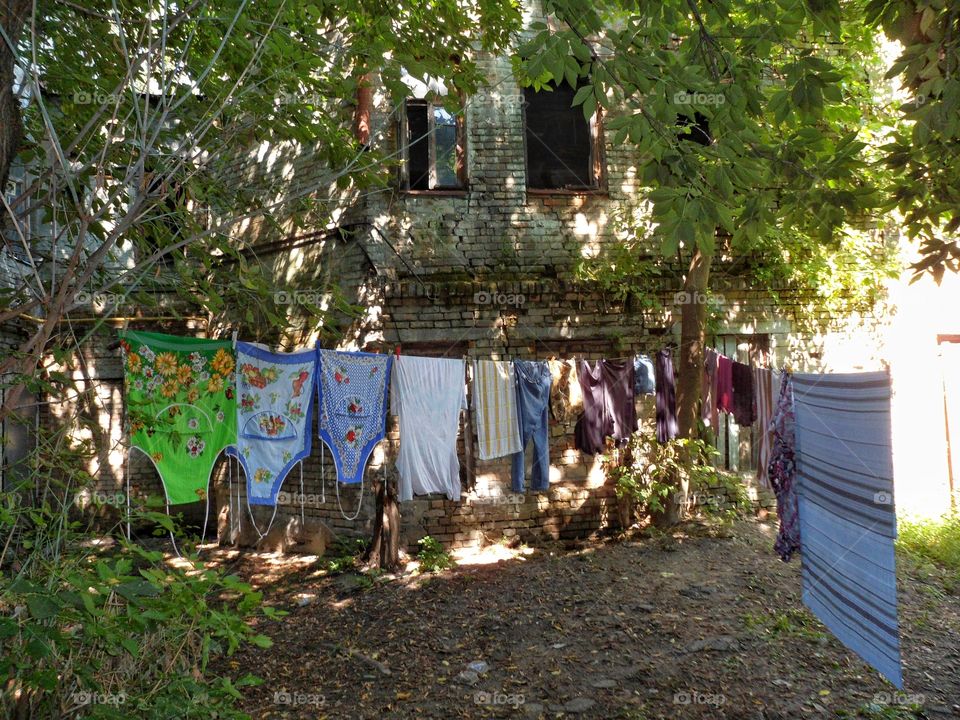 Drying clothes in an old courtyard in Podil in Kiev