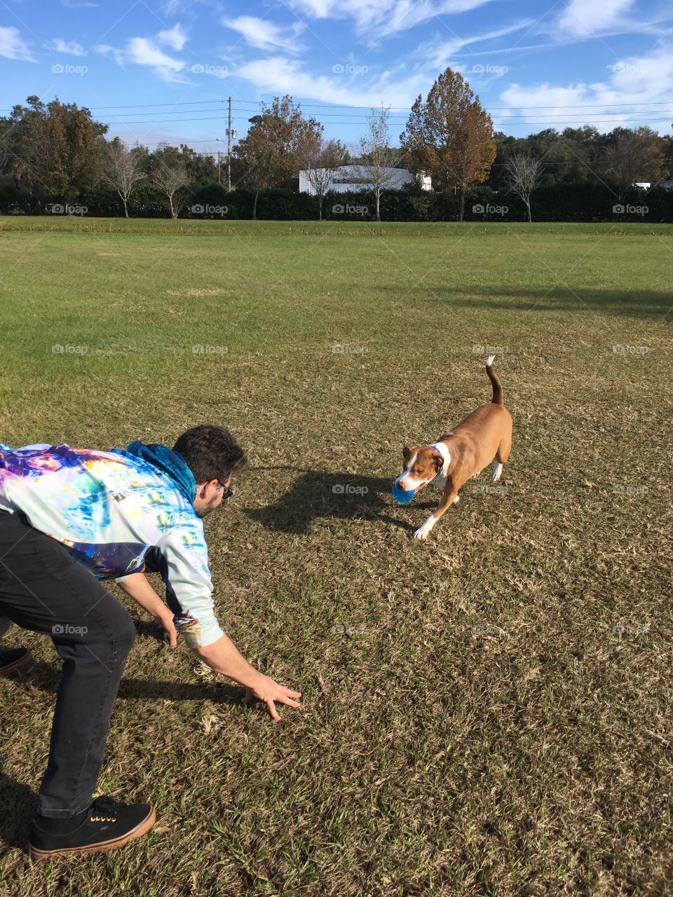 Outside playing ball with our rescue pitbull Stinky 