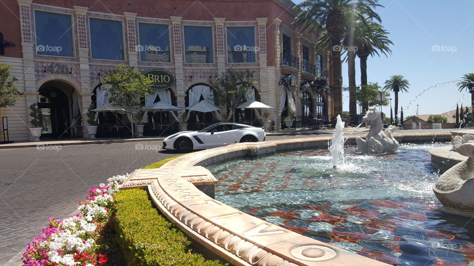 Outdoor shopping mall fountain and corvette