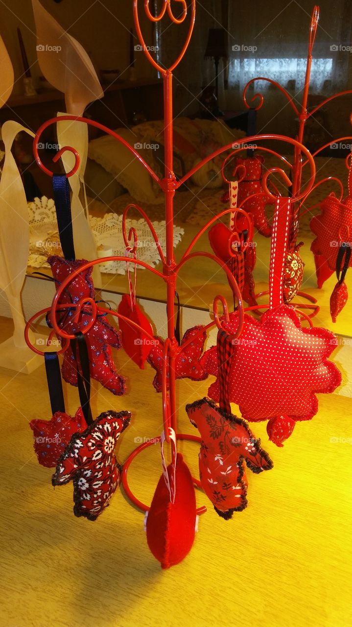 Red Ornaments on Stand-Bedroom Dresser