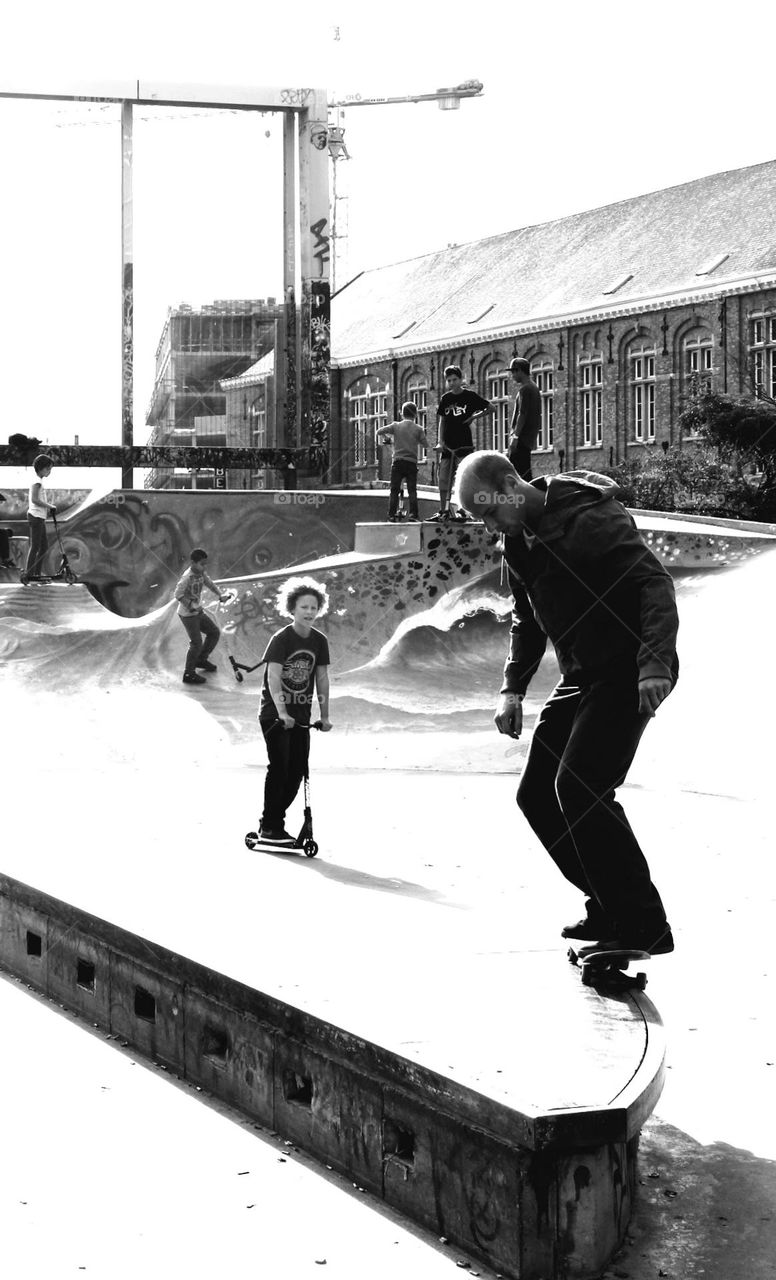 Skatepark Chapelle nearby the Notre-Dame de la Chapelle.  Brussels, Belgium.