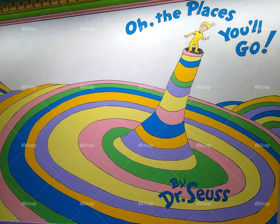 Dr.Seuss artwork from a colorful children’s book, painted on the wall